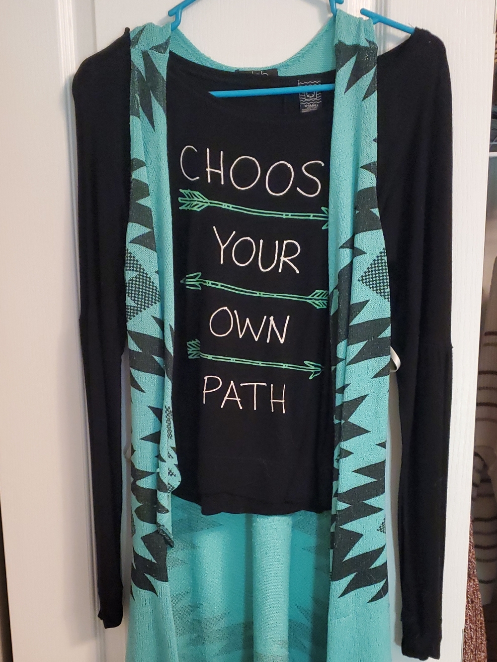 Graphic Black Tee with Turquoise Aztec Duster